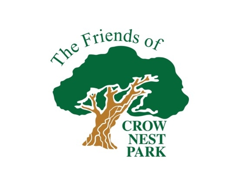 Illustration of a tree with 'The friends of' above it and 'CROW NEST PARK' to the right