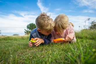 Two children laid on the ground with a magnifying glass looking into the grass
