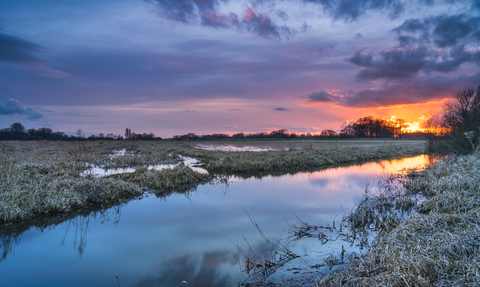A fiery sunset casting the sky purple above a beck at Wheldrake Ings. Photography by John Potter v2