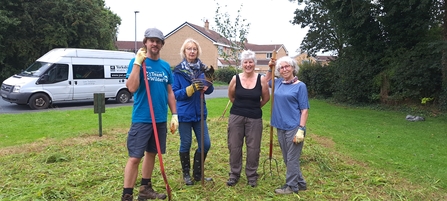 Four people - three in blue, one in black - stand centre image with raking tools, having mowed an area by their feet for a meadow.