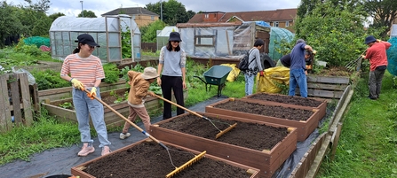 A group of people stand to the left of a number of raised beds, raking them out carefully.