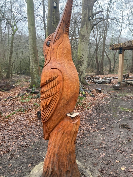 Wood carving of a kingfisher. It is taller than a person and sits at the entrance to a nature reserve. There is a piece of card resting under a stone near the base of the sculpture containing a task.