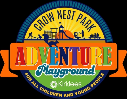 Logo for Crow Nest Park Adventure Playground - illustration of park with squirrel silhouette in foreground. Banner with 'ADVENTURE' in foreground, letters are different colours. Kirklees Council logo featured.