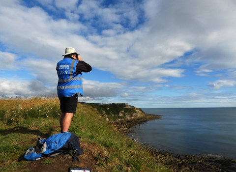 Man surveying for cetaceans with binoculars on a cliff top