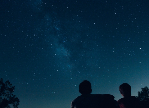 Image showing a couple in silhouette under the stars. They are just off-centre and there is a tree to their left and one to their right.