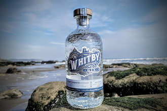 Bottle of Whitby Gin on rock with sea in background