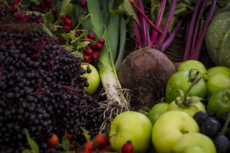 Image showing a harvested collection of fruit and vegetables including apples, leeks and squash