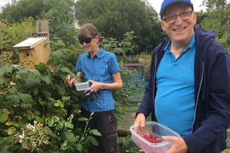 A man and woman in an allotment, the man is smiling at the camera holding a tub of raspberries
