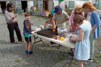 Image showing a group of people around a table. On the table there is a large black container with soil in and the people are using seeds and soil to create seedballs.