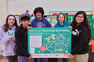 A group of children holding a street trail sign.