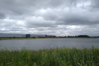 Greenery in the foreground, with a lake in the midground and the white buildings of the iPort in the background, with a grey cloudy sky.