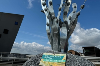 Seagrass sculpture in situ on a rock outside with a blue sky in the background.