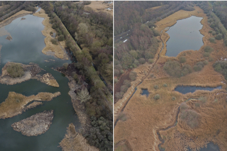 aerial shot of before and after wetland restoration at Potteric Carr. Before is on the right and after is on the left after extensive reedbed growth has been removed opening up much more wetland area for wading birds and wetland wildfowl.
