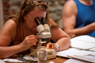 Person with long brown hair looking into microscope at a plant