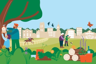 Illustration of the Doncaster skyline with people taking action for wildlife.