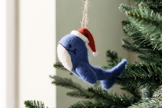 needle felted christmas whale with santa hat