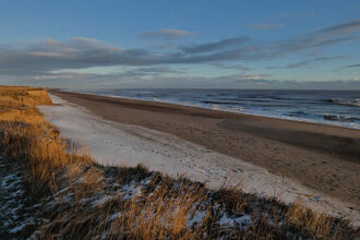 Coastal landscape at dawn, showcasing a long sandy beach partially covered in snow, with small waves breaking in the ocean under a blue and cloudy sky. Foreground shows golden-colored dune grass, with a sandy cliff to the left.