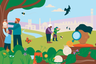 Illustration of a community engaging in environmental activities: a father and child hanging a birdhouse, people cleaning up trash, a person examining a snail with a magnifying glass, and birds, butterflies, and bees in a park setting with architectural background.