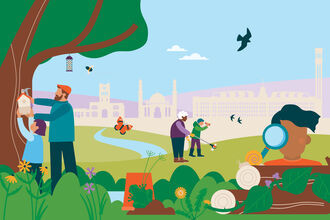 An illustration of Bradford skyline surrounded by nature