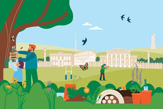 An illustration of Huddersfield surrounded by nature