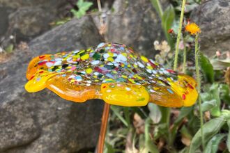 Glass toadstool ornament set amongst natural rocks