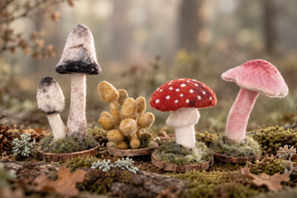 four needle felted fungi in a forest setting