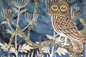 Owl on a Christmas card. With a blue background and sun 