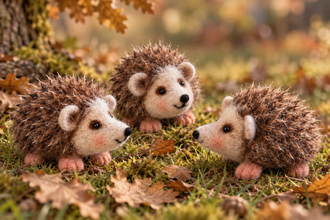 Three needle felted hedgehogs on an autumn backdrop