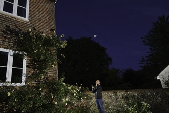 Man watches a brown long-eared bat emerge from a house roof whilst stood in his garden at night.