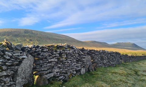 drystone wall in front of mountains on a sunny day in the Yorkshire Dales