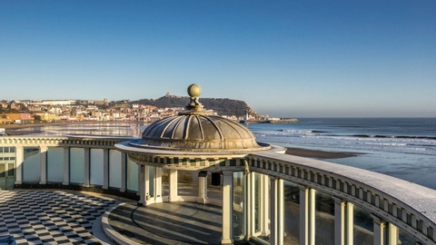 Scarborough Spa buildings (white columns and central section in a semicircle), looking out to the sea