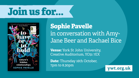 Image showing a call to action to join an in conversation book event. The book cover depicted has a black background with flowers on top.