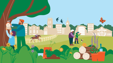 An illustration on Doncaster skyline surrounded by nature