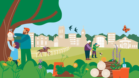 An illustration on Doncaster skyline surrounded by nature
