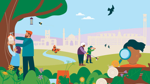 An illustration of Bradford skyline surrounded by nature