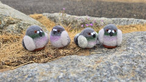 4 felted pigeons sit outside on a rock.