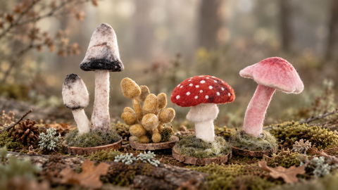 four needle felted fungi in a forest setting