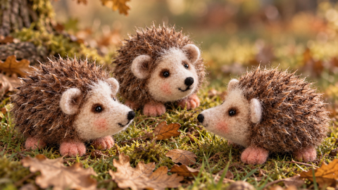 Three needle felted hedgehogs on an autumn backdrop
