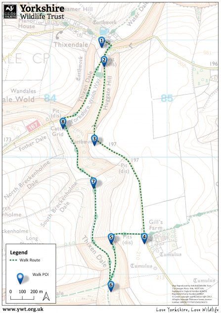Map with trail of Wolds dew ponds walk