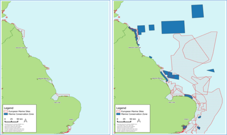 Marine Protected Areas over 10 years - significant increase from left map to right map