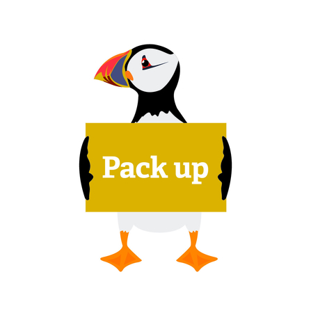 A picture of a cartoon puffin holding a sign saying 'Pack up'