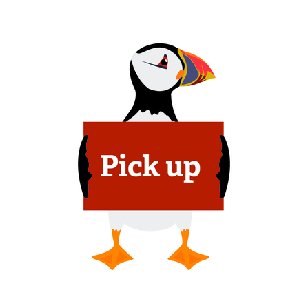 A picture of a cartoon puffin holding a sign saying 'Pick up'