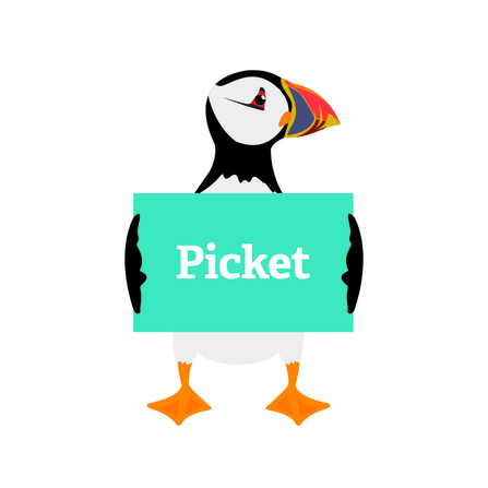 A picture of a cartoon puffin holding a sign saying 'Picket’.