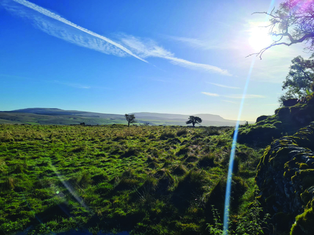 A landscape photograph of Ashes Shaw. Clear blue skies over a hilly area. Image by Liz Coates.