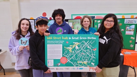 A group of children holding a street trail sign.