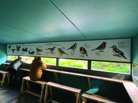 View of 2 people sitting at the benches in a bird hide looking out onto the lake