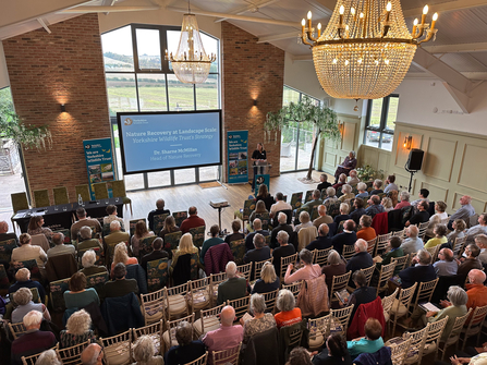 View from a first floor height looking down upon a room filled with rows of chairs and people sat on them, facing a presentation screen in front of a floor to ceiling window. It's a lovely open tall room and there is a beautiful chandelier.