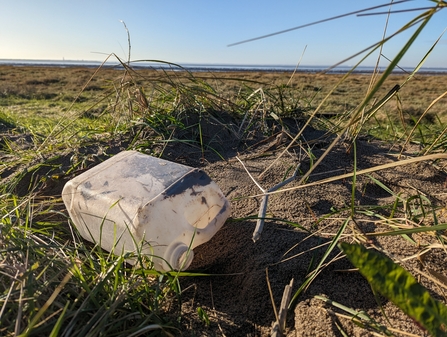 Litter on a grassy ground and a litter picker stick is in shot coming down to pick it up