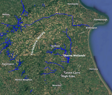 Map showing the location of chalk streams in East Yorkshire