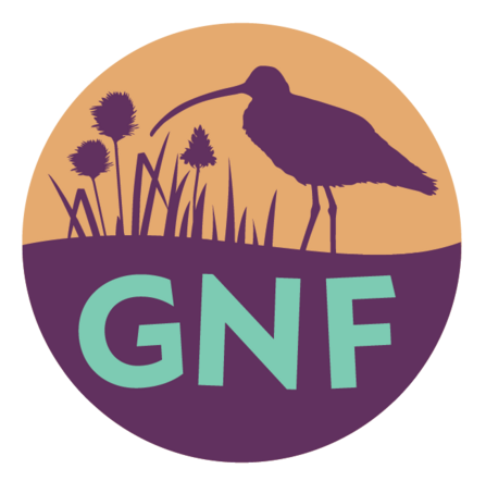 ground nest fest round logo - a curlew on grassland silhouette with the letters GNF at the bottom
